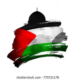 Al-Quds mosqued dome silhouette with palestine flag on ink brush shape vector illustration