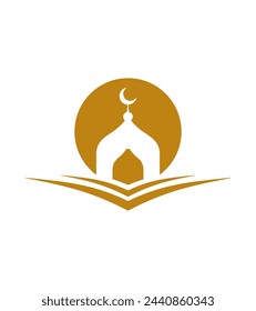 Al-Quran mosque logo. Islamic theme, gold color, mosque objects, Al-Quran, moon. , circular, simple, modern.