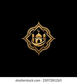 Al-Quran mosque logo. Islamic theme, gold color, mosque objects, Al-Quran, moon. , circular, simple, modern.