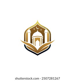 Al-Quran mosque logo. Islamic theme, gold color, mosque objects, Al-Quran, moon. , circular, simple, modern.