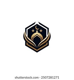 Al-Quran mosque logo. Islamic theme, gold color, mosque objects, Al-Quran, moon. , circular, simple, modern.