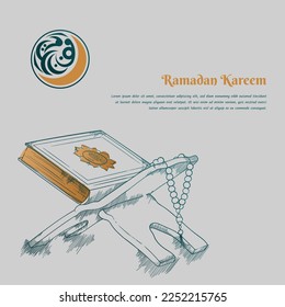 Al-qur'an and prayer beads in hand drawn design for ramadan kareem or eid mubarak template design