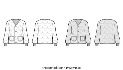 ALS 92 field jacket liner technical fashion illustration with long sleeves, oval patch pockets, Onion quilted shell. Flat coat template front, back white, grey color style. Women men unisex CAD mockup