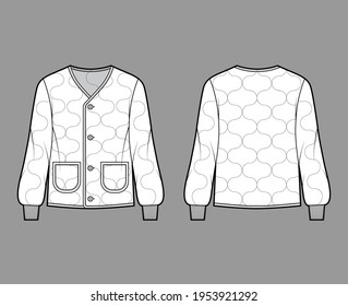 Ilustración técnica de la moda ALS 92 de la chaqueta de campo con mangas largas, mangas grandes, bolsillos, casquillo de cebolla. Delantero de la plantilla de abrigo plano, estilo de color dorado blanco. Hombres mujeres unisex top CAD mockup