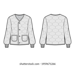 ALS 92 field jacket liner technical fashion illustration with oversized, long sleeves, oval patch pockets, Onion quilted shell. Flat coat template front, back, grey color style. Women men CAD mockup