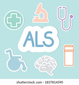 ALS (Amyotrophic Lateral Sclerosis) acronym and related icons-  vector illustration