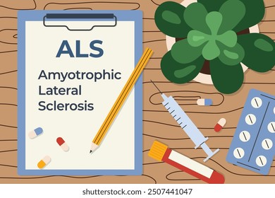 ALS Amyotrophic Lateral Sclerosis written on clipboard; is ideal for use in educational materials, awareness campaigns, and medical presentations- vector illustration
