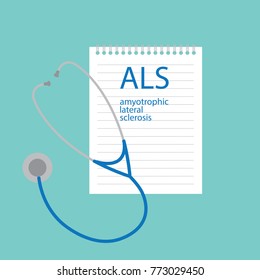 ALS Amyotrophic Lateral Sclerosis written in notebook- vector illustration