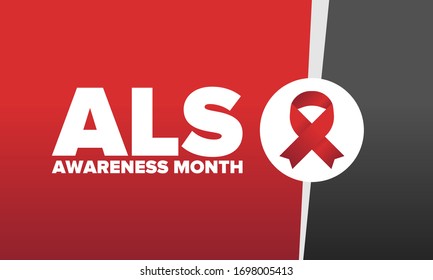 ALS Awareness Month. Amyotrophic lateral sclerosis. Annual campaign is held in May in United States. Control and protection. Prevention campaign. Medical health care concept. Vector illustration