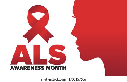 ALS Awareness Month. Amyotrophic lateral sclerosis. Annual campaign is held in May in United States. Control and protection. Prevention campaign. Medical health care concept. Vector illustration