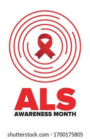 ALS Awareness Month. Amyotrophic lateral sclerosis. Annual campaign is held in May in United States. Control and protection. Prevention campaign. Medical health care concept. Vector illustration