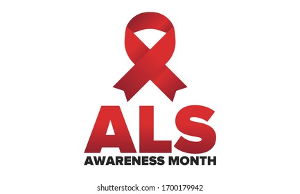 ALS Awareness Month. Amyotrophic lateral sclerosis. Annual campaign is held in May in United States. Control and protection. Prevention campaign. Medical health care concept. Vector illustration
