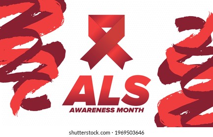 ALS Awareness Month. Amyotrophic lateral sclerosis. Annual campaign is held in May in United States. Control and protection. Prevention campaign. Medical health care concept. Vector illustration