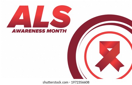 ALS Awareness Month. Amyotrophic lateral sclerosis. Annual campaign is held in May in United States. Control and protection. Prevention campaign. Medical health care concept. Vector illustration