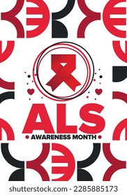 ALS Awareness Month. Amyotrophic lateral sclerosis. Annual campaign is held in May in United States. Control and protection. Prevention campaign. Medical health care concept. Vector illustration