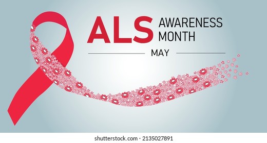 ALS awareness month banner. Horizontal illustration of ribbon with flowers