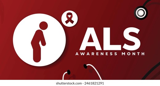 Als Awareness Month. Icon of a person, ribbon and stethoscope. Great for cards, banners, posters, social media and more. Red background.  