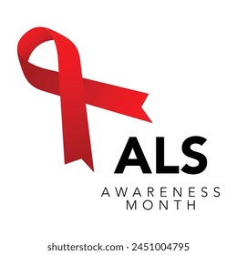 Als awareness month. Vector banner for social media, card, poster. Illustration with text ALS awareness month, amyotrophic lateral sclerosis. Red striped ribbon on a white and red background