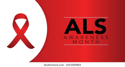 Als awareness month. Vector banner for social media, card, poster. Illustration with text ALS awareness month, amyotrophic lateral sclerosis. Red striped ribbon on a white and red background