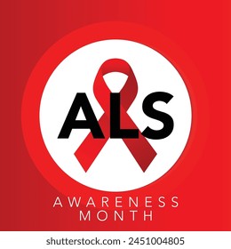 Als awareness month. Vector banner for social media, card, poster. Illustration with text ALS awareness month, amyotrophic lateral sclerosis. Red striped ribbon on a white and red background