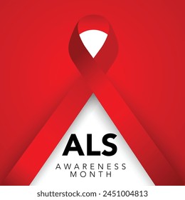 Als awareness month. Vector banner for social media, card, poster. Illustration with text ALS awareness month, amyotrophic lateral sclerosis. Red striped ribbon on a white and red background