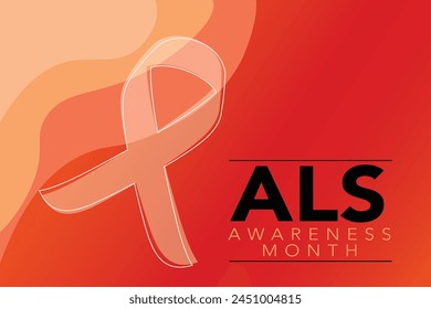 Als awareness month. Vector banner for social media, card, poster. Illustration with text ALS awareness month, amyotrophic lateral sclerosis. Red striped ribbon on a white and red background