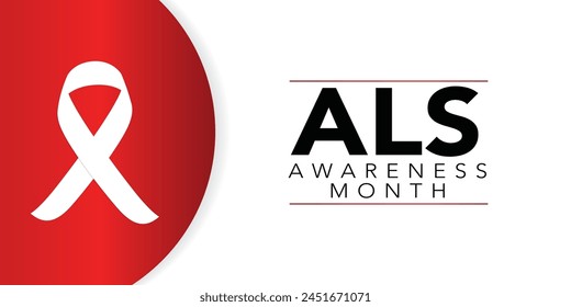 Als awareness month. Vector banner for social media, card, poster. Illustration with text ALS awareness month, amyotrophic lateral sclerosis. Red striped ribbon on a white and red background