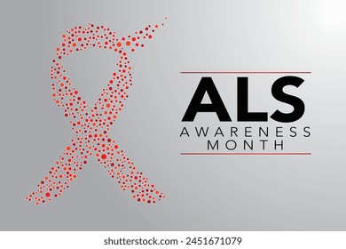 Als awareness month. Vector banner for social media, card, poster. Illustration with text ALS awareness month, amyotrophic lateral sclerosis. Red striped ribbon on a white and red background