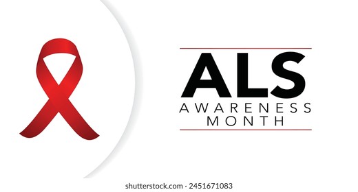 Als awareness month. Vector banner for social media, card, poster. Illustration with text ALS awareness month, amyotrophic lateral sclerosis. Red striped ribbon on a white and red background