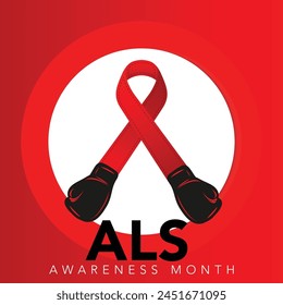 Als awareness month. Vector banner for social media, card, poster. Illustration with text ALS awareness month, amyotrophic lateral sclerosis. Red striped ribbon on a white and red background