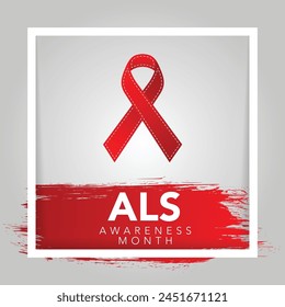 Als awareness month. Vector banner for social media, card, poster. Illustration with text ALS awareness month, amyotrophic lateral sclerosis. Red striped ribbon on a white and red background