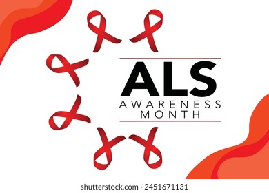 Als awareness month. Vector banner for social media, card, poster. Illustration with text ALS awareness month, amyotrophic lateral sclerosis. Red striped ribbon on a white and red background