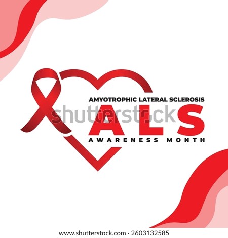 Als awareness month. Vector banner for social media, card, poster. Illustration with text ALS awareness month, amyotrophic lateral sclerosis. Red striped ribbon on a white and red background	