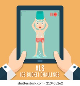 ALS Ice bucket challenge concept vector illustration. Man throwing ice and water on himself and make recording to the tablet. Vector illustration in modern flat style