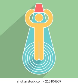 ALS Ice Bucket Challenge concept in flat style. Man holding a basin and pours herself with water. Human icon with long shadow on color background. Design element save in vector illustration 8 eps