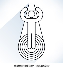 ALS Ice Bucket Challenge concept man holding a basin and pours herself with water. Black contour human icon with gray long shadow on white background. Design element save in vector illustration 8 eps