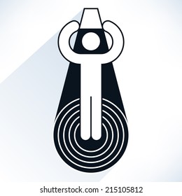 ALS Ice Bucket Challenge concept man holding a basin and pours herself with water. Black and white contour human icon with long shadow on background. Design element save in vector illustration 8 eps