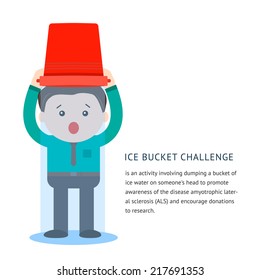 ALS ice bucket challenge concept with flat man pouring cold icy water on his heads and screaming. Vector illustration isolated on white