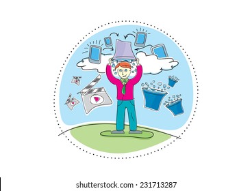 ALS Ice Bucket Challenge concept. Man pour bucket of ice topped their head cartoon design style