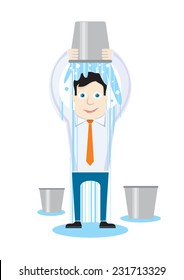 ALS Ice Bucket Challenge concept. Man pour bucket of ice topped their head cartoon design style