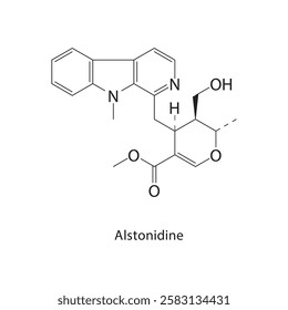 Alstonidine skeletal structure.Indole alkaloid compound schematic illustration. Simple diagram, chemical structure.
