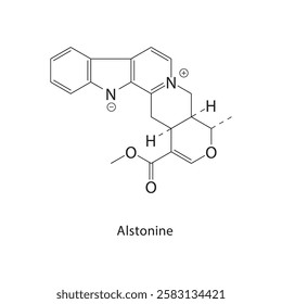 Alstonine skeletal structure.Indole alkaloid compound schematic illustration. Simple diagram, chemical structure.