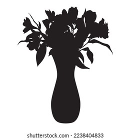 Alstroemeria bouquet black silhouette. Peruvian lily tropical flowers in vase, vector illustration isolated on white background.