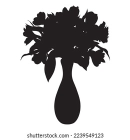 Alstroemeria bouquet black silhouette. Peruvian lily tropical flowers in vase, vector illustration isolated on white background.