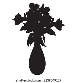 Alstroemeria bouquet black silhouette. Peruvian lily tropical flowers in vase, vector illustration isolated on white background.