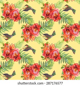 Alstroemeria flowers and humming-birds watercolor seamless pattern on yellow background vector illustration