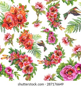 Alstroemeria flowers and humming-birds watercolor seamless pattern on white background vector illustration