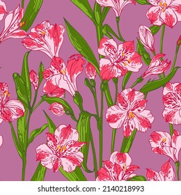 Alstroemeria. Flowers pink vector line pattern. Wedding decorations. 