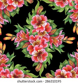 Alstroemeria flowers watercolor seamless pattern on black background vector illustration