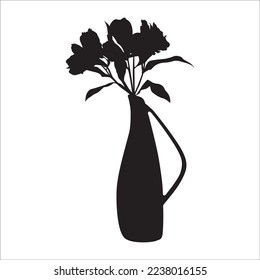 Alstroemeria in vase black silhouette. Peruvian lily tropical flower, vector illustration isolated on white background.